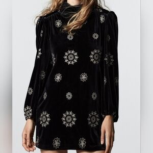 Zara Velvet Embroidered Mockneck Mini Dress